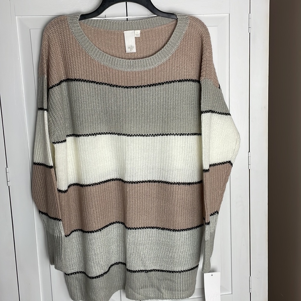 Ady P Striped Color Block Sweater Pink White Gray Cream Tan Size Large